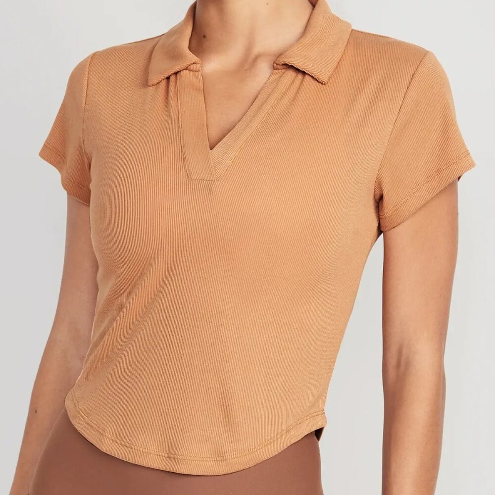 Old Navy UltraLite Rib-Knit Polo Cropped Shirt Tan Women's Size Medum